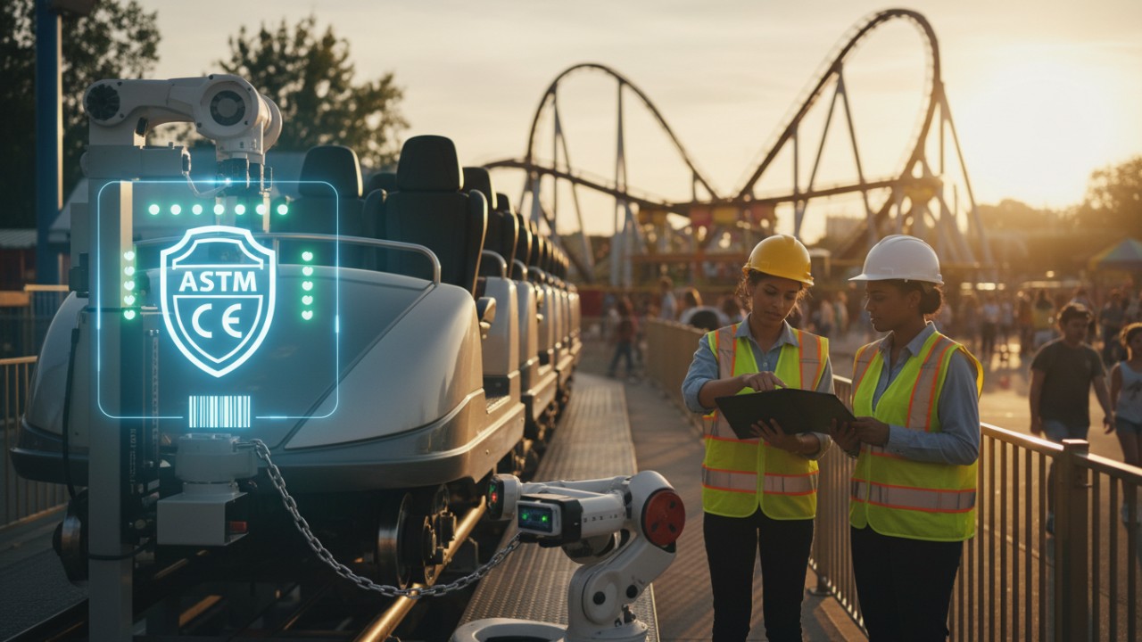 Two engineers inspecting a rollercoaster with robotic arm displaying safety compliance standards.