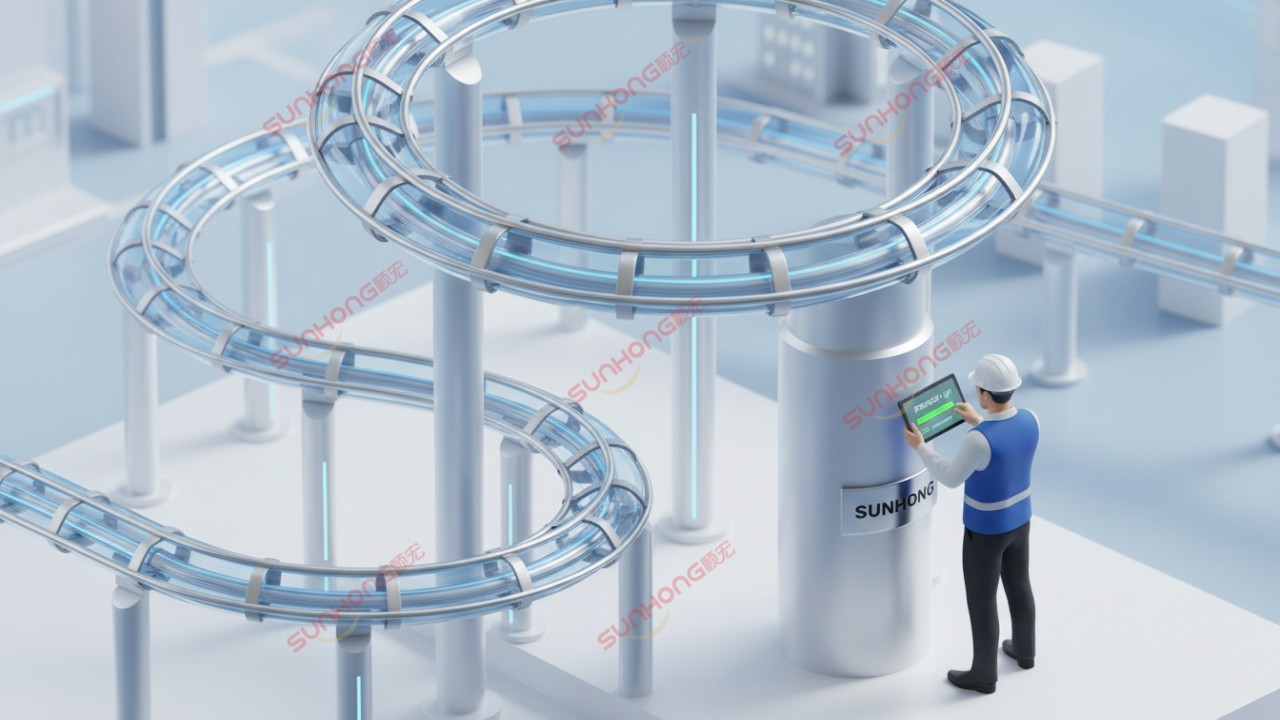 An engineer checking a roller coaster's efficiency on a tablet with the brand name SUNHONG visible on the ride support.