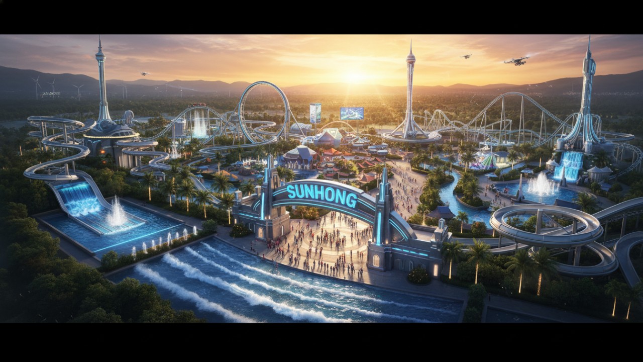 An expansive aerial view of a completed theme park at sunset featuring a large SUNHONG sign at the entrance.