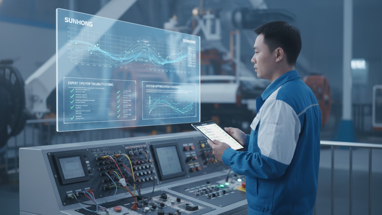 An expert technician with the SUNHONG brand on their uniform inspecting a ride control system to avoid common testing mistakes.