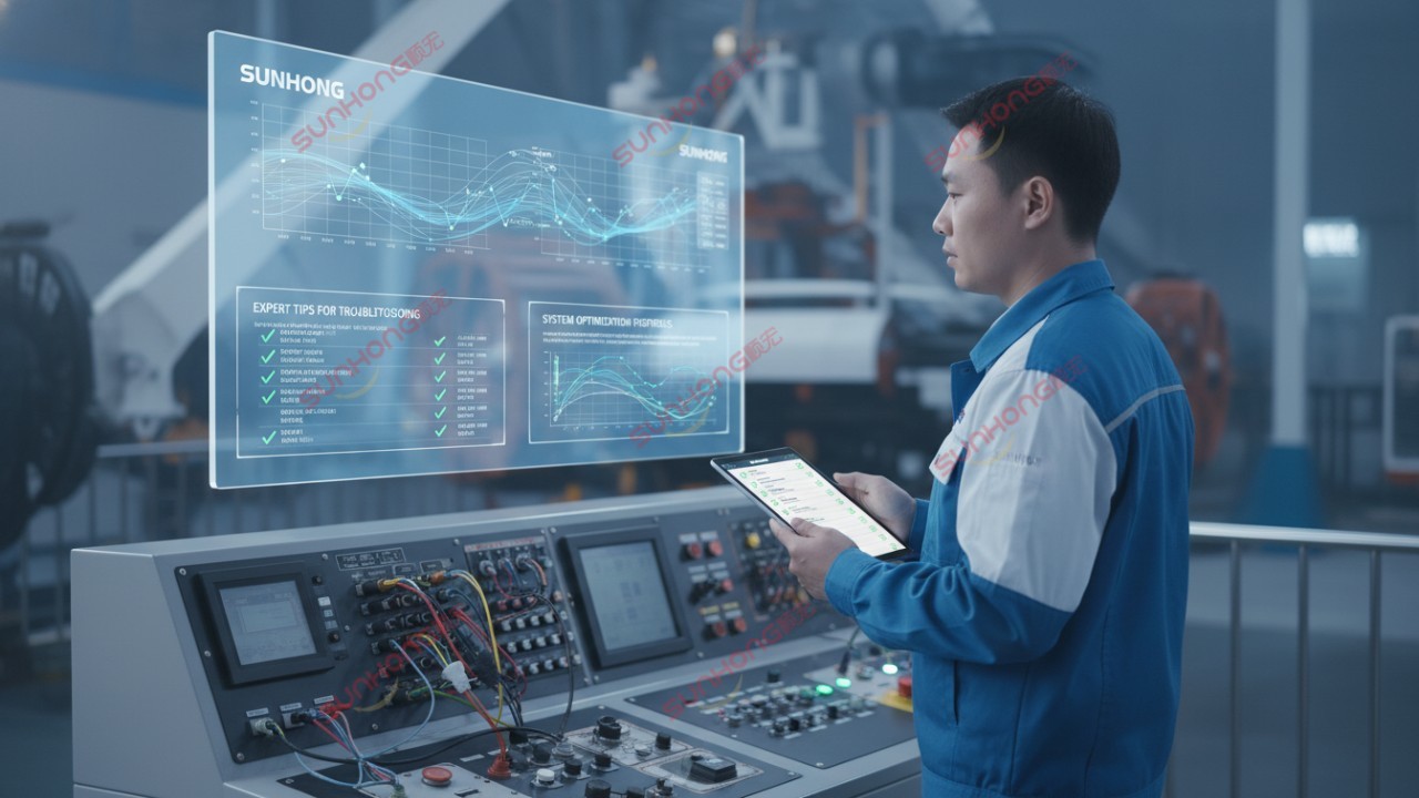 An expert technician with the SUNHONG brand on their uniform inspecting a ride control system to avoid common testing mistakes.