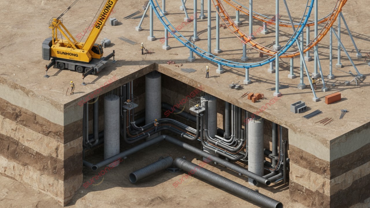 An isometric cutaway illustration showing a theme park construction site with visible underground infrastructure and a SUNHONG branded crane.