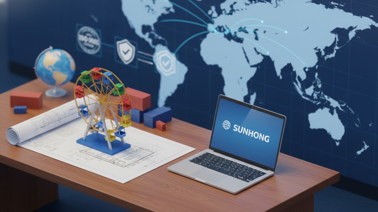 An isometric illustration of an office desk with amusement park blueprints and a laptop showing the SUNHONG brand, symbolizing the import process.