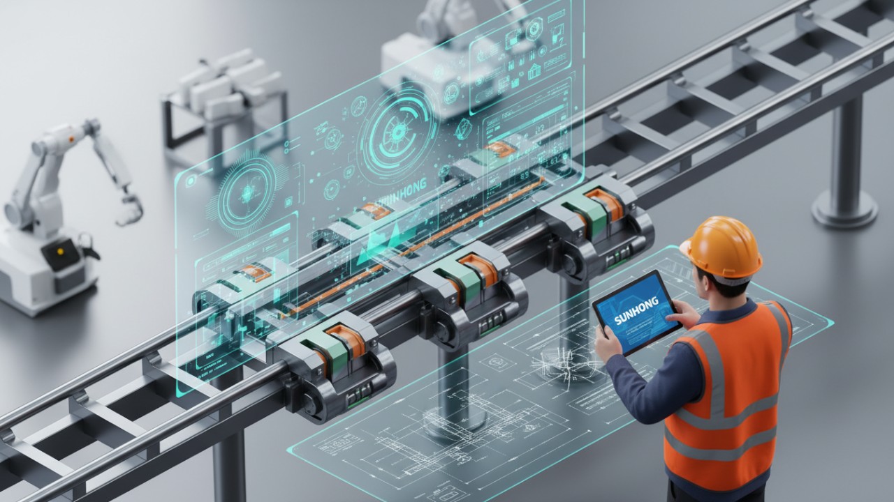 An isometric illustration showing a rollercoaster track being tested with digital diagnostic overlays and the SUNHONG brand visible on a technician tablet.