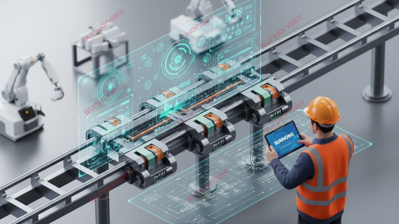 An isometric illustration showing a rollercoaster track being tested with digital diagnostic overlays and the SUNHONG brand visible on a technician tablet.