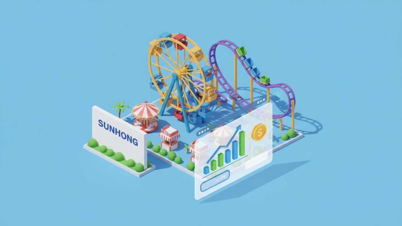 An isometric illustration showing a vibrant amusement park with financial growth charts and the SUNHONG brand name at the entrance.