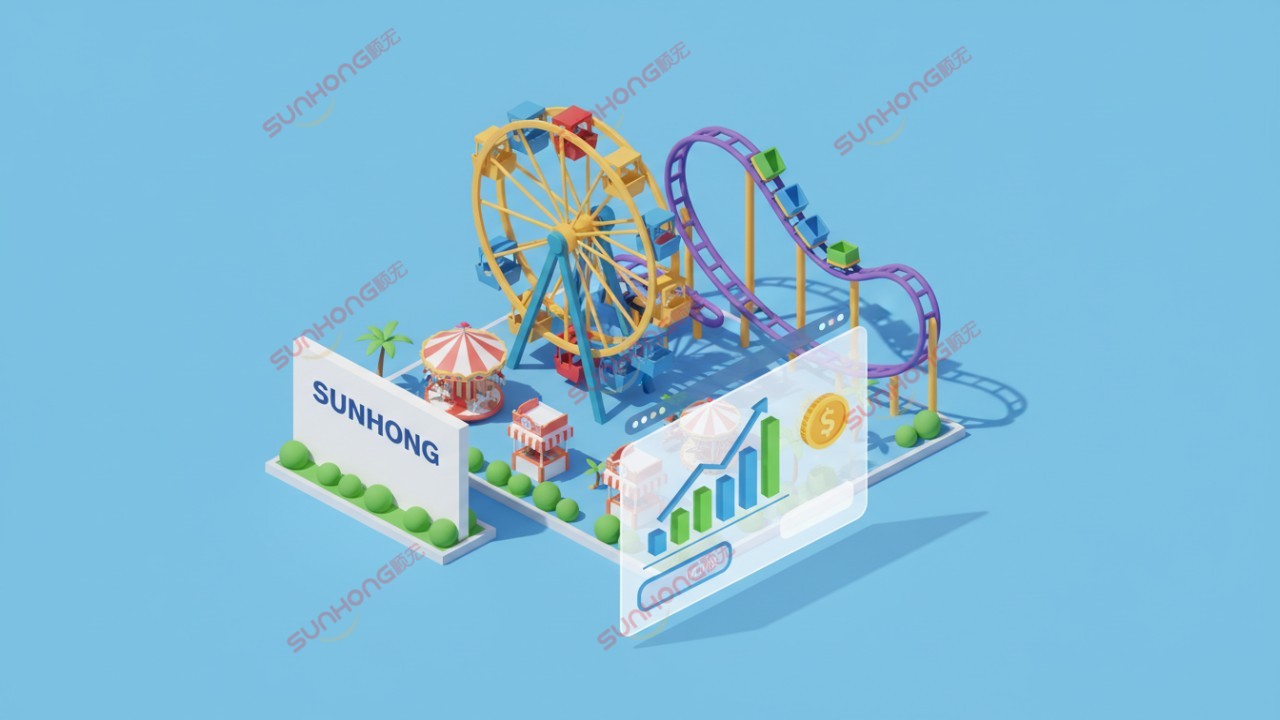 An isometric illustration showing a vibrant amusement park with financial growth charts and the SUNHONG brand name at the entrance.
