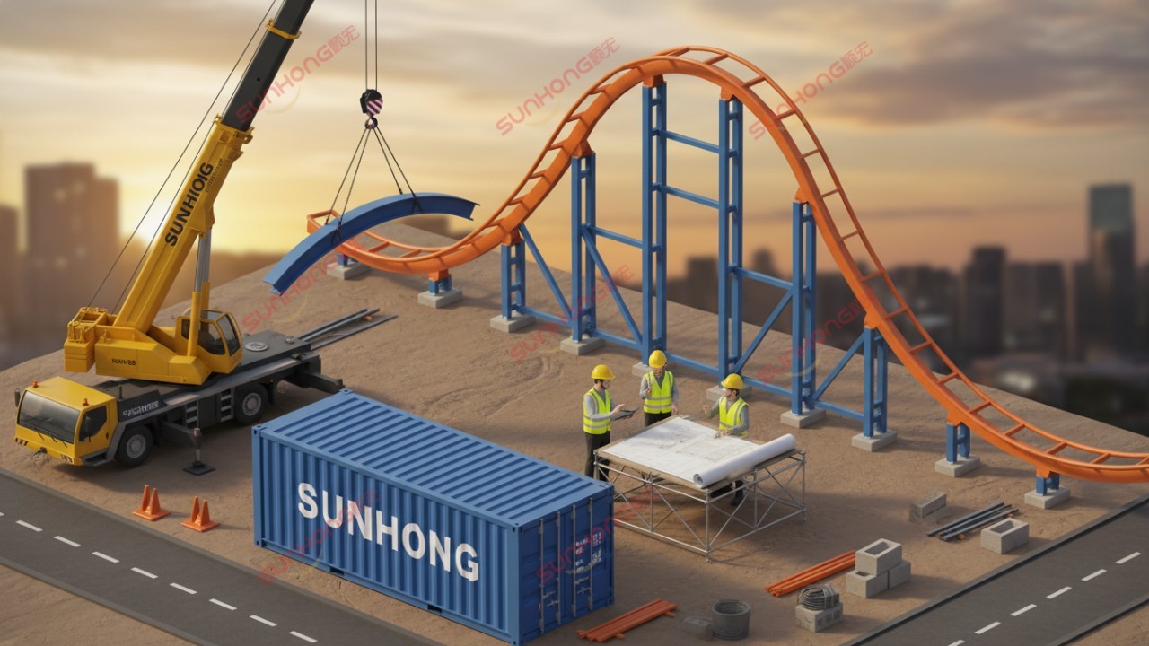 An isometric illustration showing engineers supervising the installation of a roller coaster with a SUNHONG branded shipping container in the foreground
