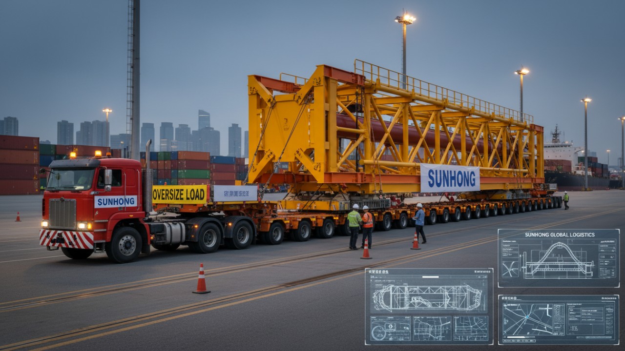 An oversized amusement ride component being transported on a heavy-duty trailer with SUNHONG branding on the truck.