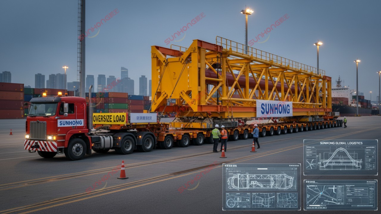 An oversized amusement ride component being transported on a heavy-duty trailer with SUNHONG branding on the truck.