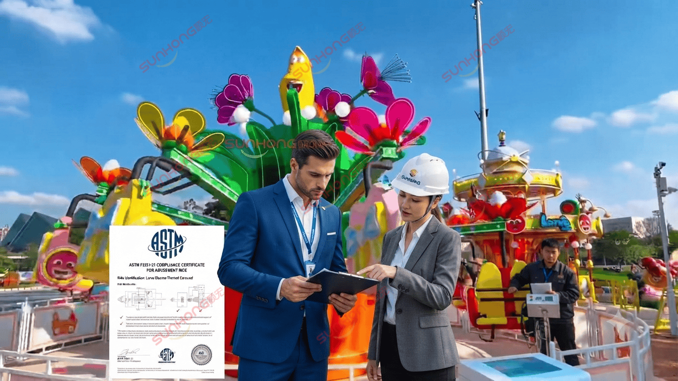 astm-amusement-ride-standard-larva-blooms.jpg ASTM amusement ride standard compliance check by Sunhong Group engineers at a Larva Blooms amusement park featuring the ASTM F24 certificate.