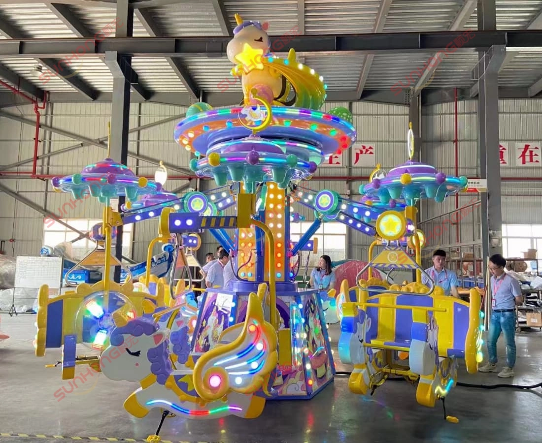 blue-fairy-unicorn-ride-sunhong-workshop - SUNHONG Blue Fairy Unicorn Amusement Ride displayed in SUNHONG's manufacturing workshop. - SUNHONG
