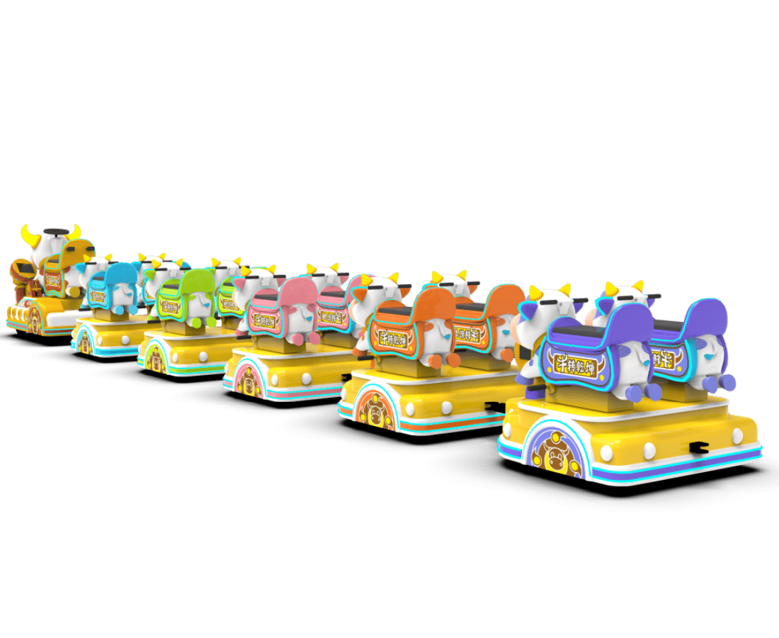 Tempat duduk kereta api pelbagai warna berbentuk lembu jantan berbaris dalam satu baris, perjalanan elektrik yang sesuai untuk taman dan acara kanak-kanak - SUNHONG