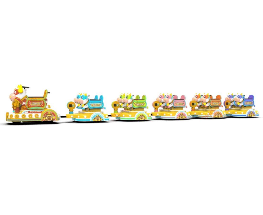 bull-train-side-view-multi-cabin - SUNHONG Side view of the Bull Train with multiple vibrant cabins designed for children, ideal electric train for public parks - SUNHONG