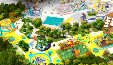 Representação gráfica de um parque temático inspirado em larvas, ao lado de um estádio, dividido em um parque aquático de 4.500 m², uma área de diversões de 1.500 m² e um jardim paisagístico de 2.000 m². - SUNHONG