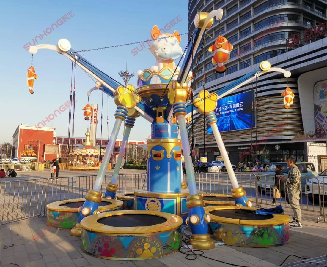 cat-fishing-trampoline-commercial-mall-installation - SUNHONG Cat Fishing Trampoline 5P installed at shopping mall center, real-life photo of kids’ bungee jumping swing - SUNHONG