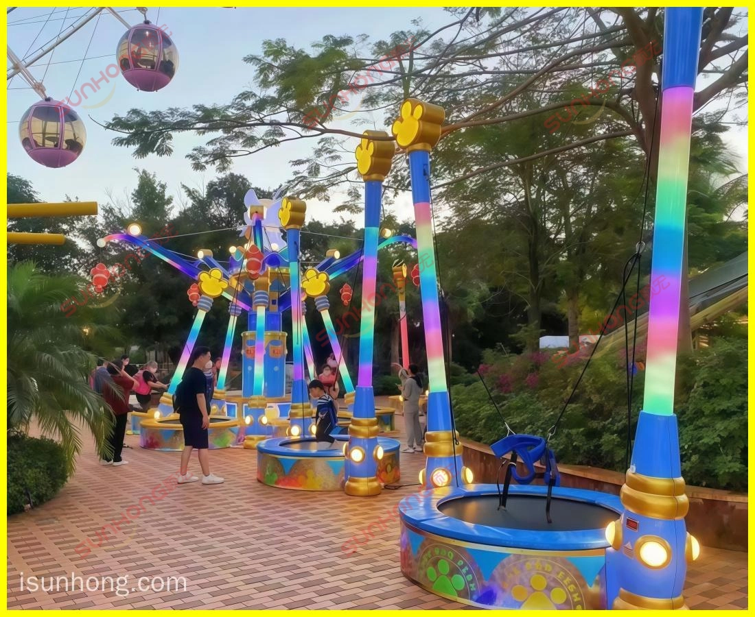 鲶鱼钓鱼蹦床车间安装 - SUNHONG 三个猫钓鱼蹦床的 3D 渲染,带有蓝橙色渐变背景 - SUNHONG