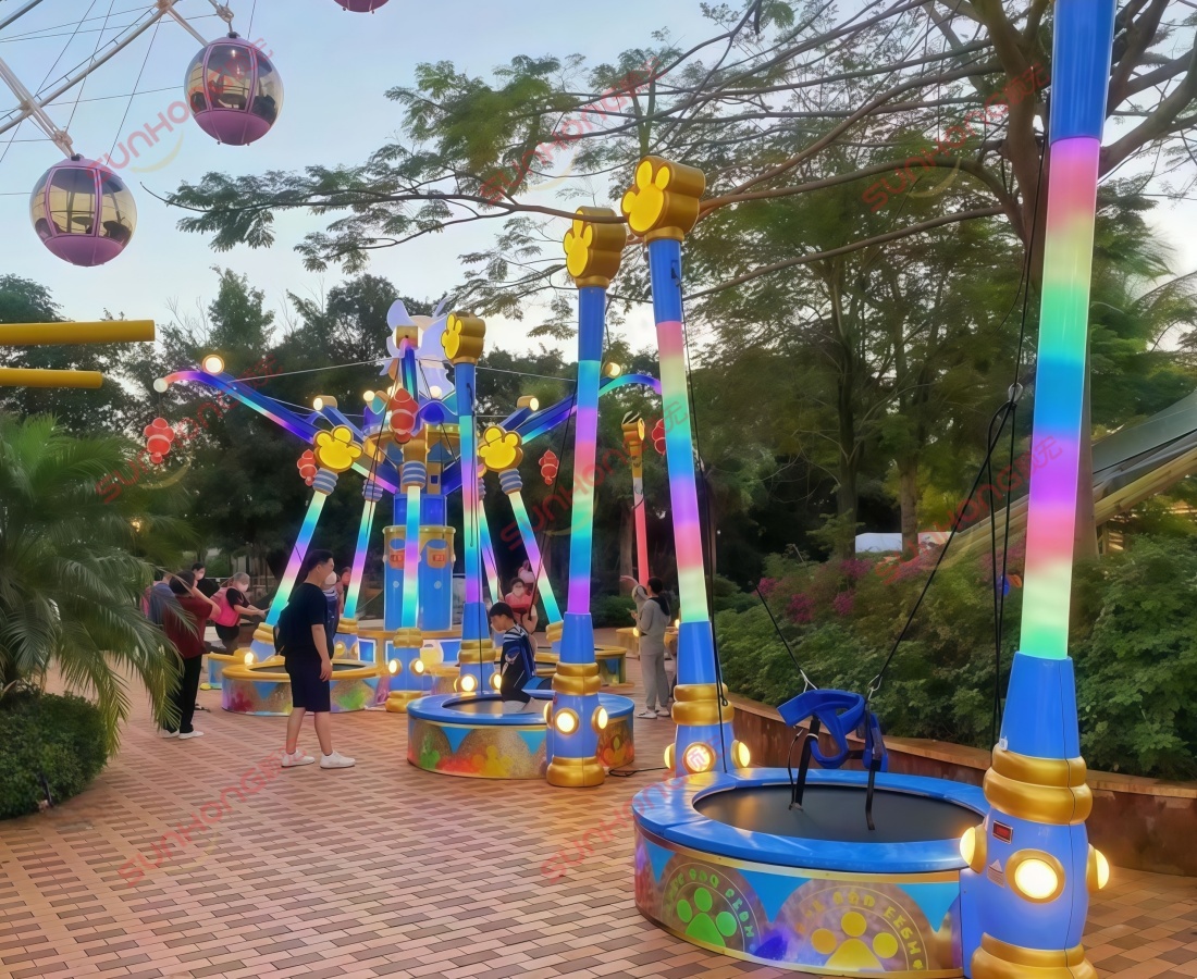 Taller de instalación de trampolín para pesca de gatos Representación 3D de tres trampolines para pescar gatos con un fondo degradado azul-naranja.