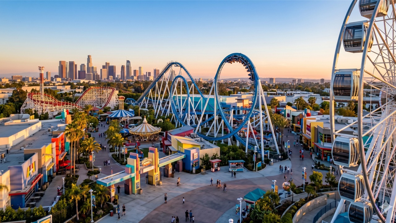 Cinematic 8k resolution wide-angle shot of a modern amusement park - SUNHONG
