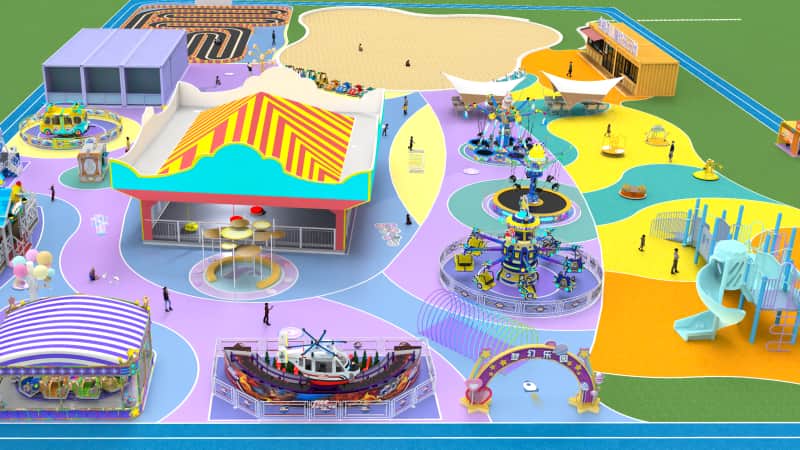 Renderização da vista frontal do City Center Thrill Theme Park mostrando a área de entrada principal e ideias criativas para projetos de parques temáticos. - SUNHONG