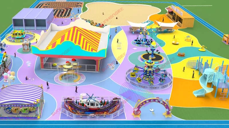 city-center-thrill-theme-park-front-view-theme-park-project-ideas.jpg - SUNHONG Front view rendering of City Center Thrill Theme Park showing the main entrance area and creative theme park project ideas. - SUNHONG