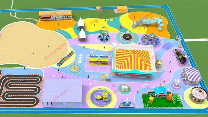 city-center-thrill-theme-park-left-side-aerial-view-amusement-park-layouts.jpg - SUNHONG Left-side aerial rendering of City Center Thrill Theme Park highlighting unique amusement park layouts and themed attractions. - SUNHONG