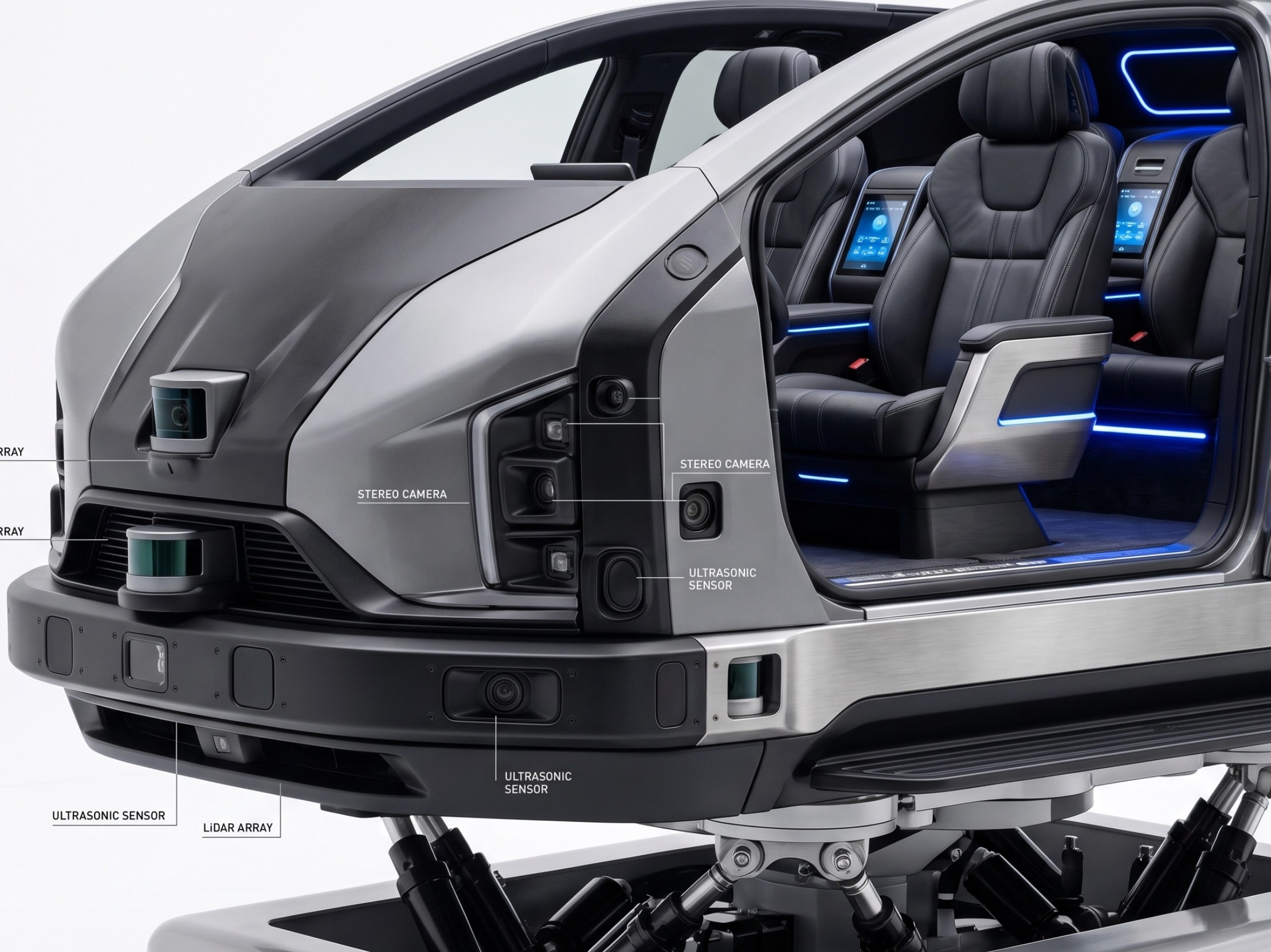 Close-up studio shot of a high-tech trackless dark ride vehicle