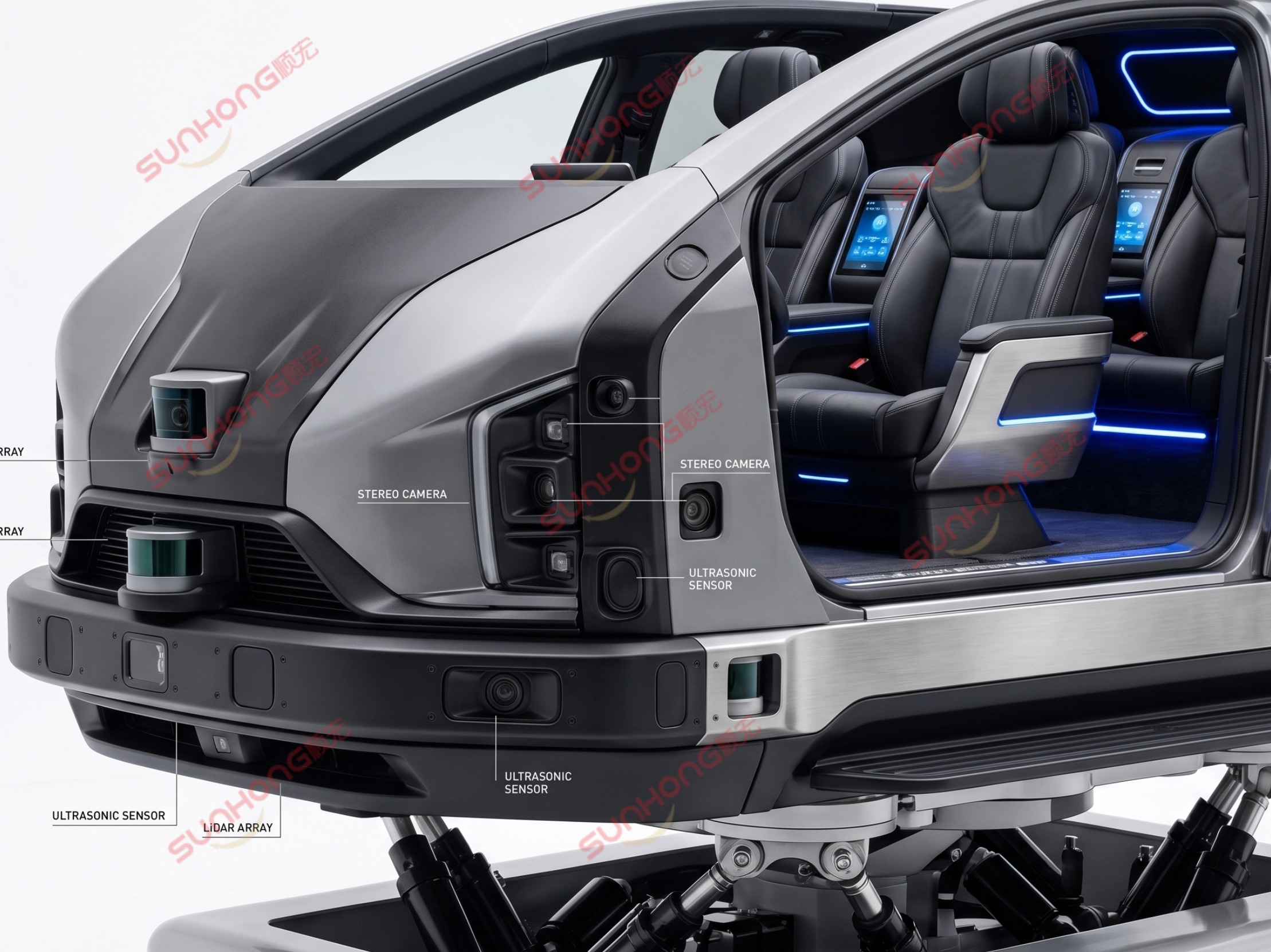 Close-up studio shot of a high-tech trackless dark ride vehicle Close-up studio shot of a high-tech trackless dark ride vehicle