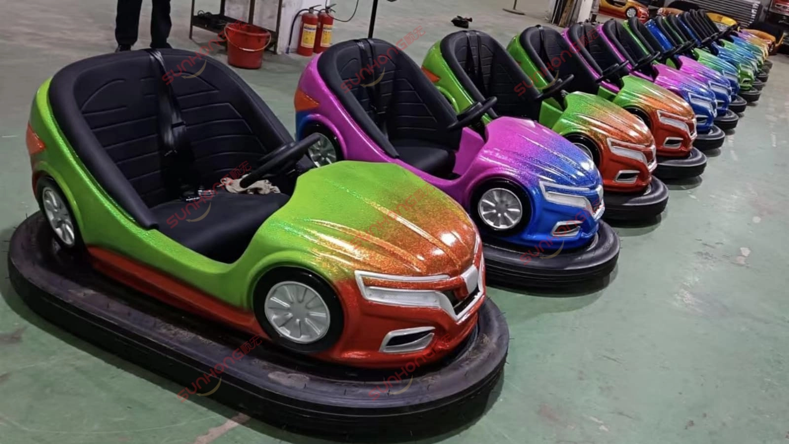 colorful-bumper-cars-for-sale-adults - SUNHONG Colorful bumper cars for adults for sale lined up in factory - SUNHONG
