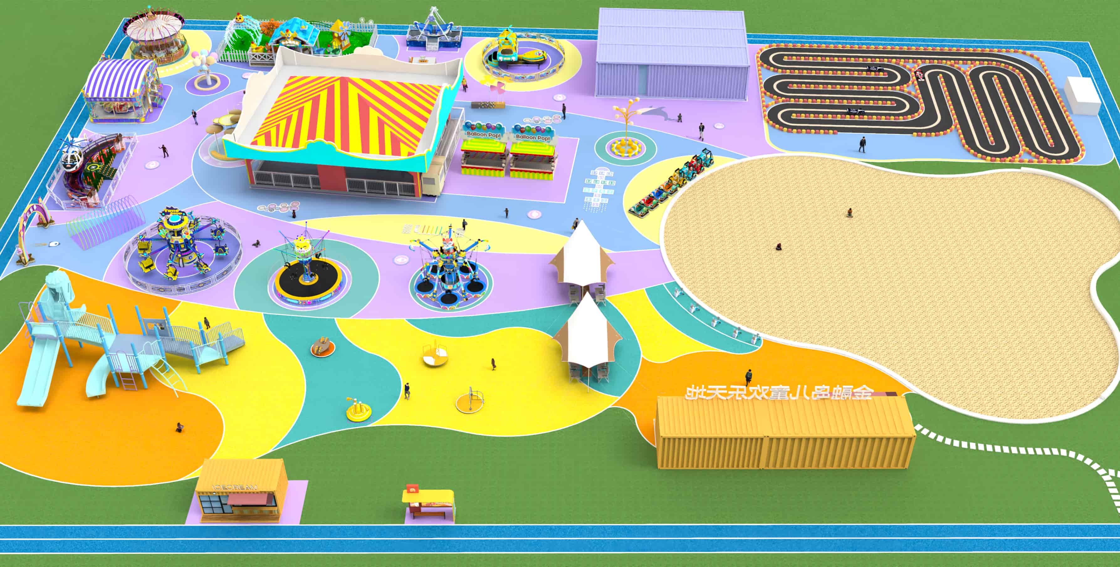 Commercial plaza amusement park layout overview with multiple outdoor rides, play areas, and colorful design | amusement park layouts and theme park project ideas - SUNHONG