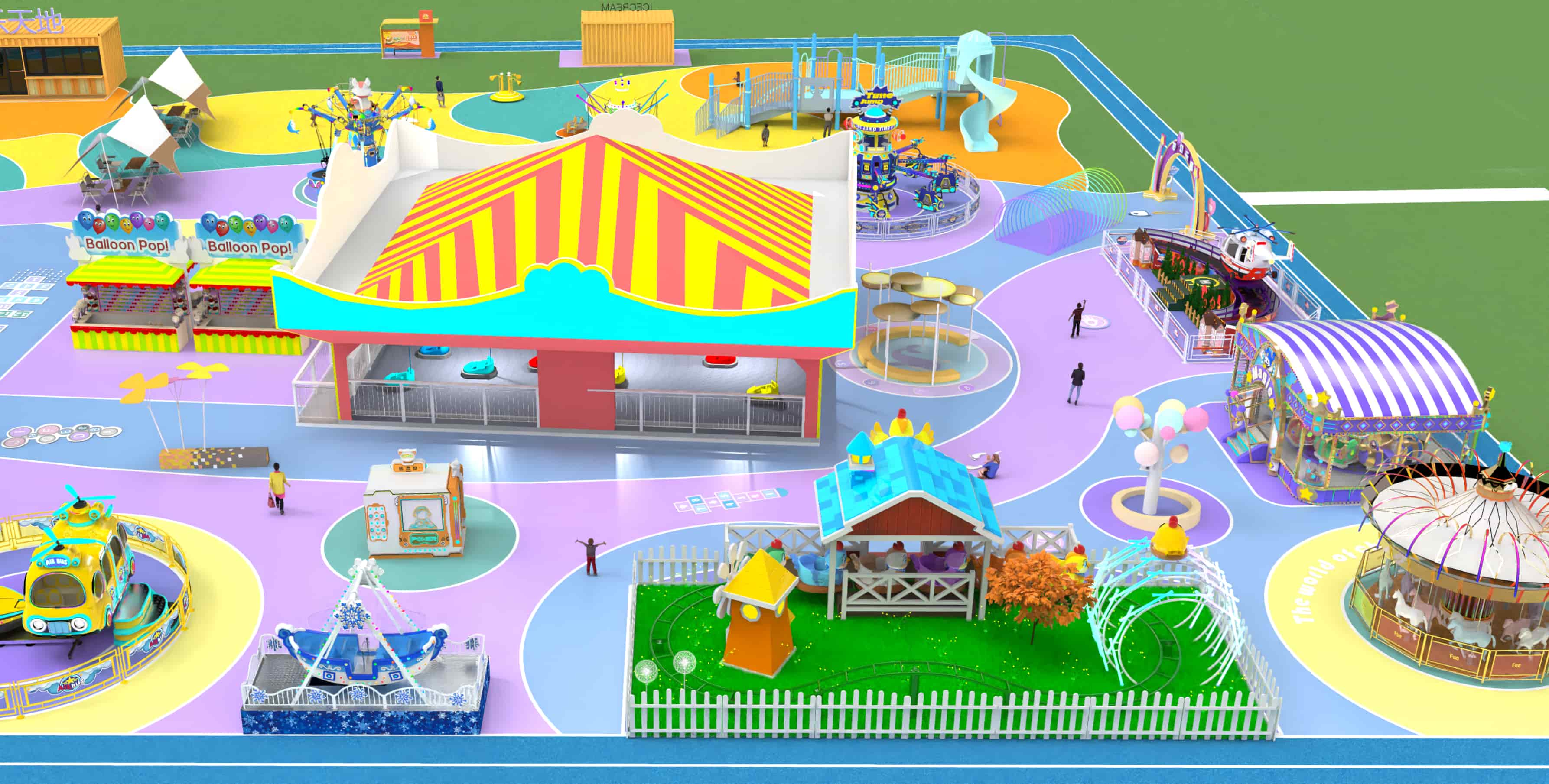 Theme park layout design in commercial plaza amusement park with central tent, bumper cars, and family attractions | theme park layout ideas and amusement park layout design - SUNHONG