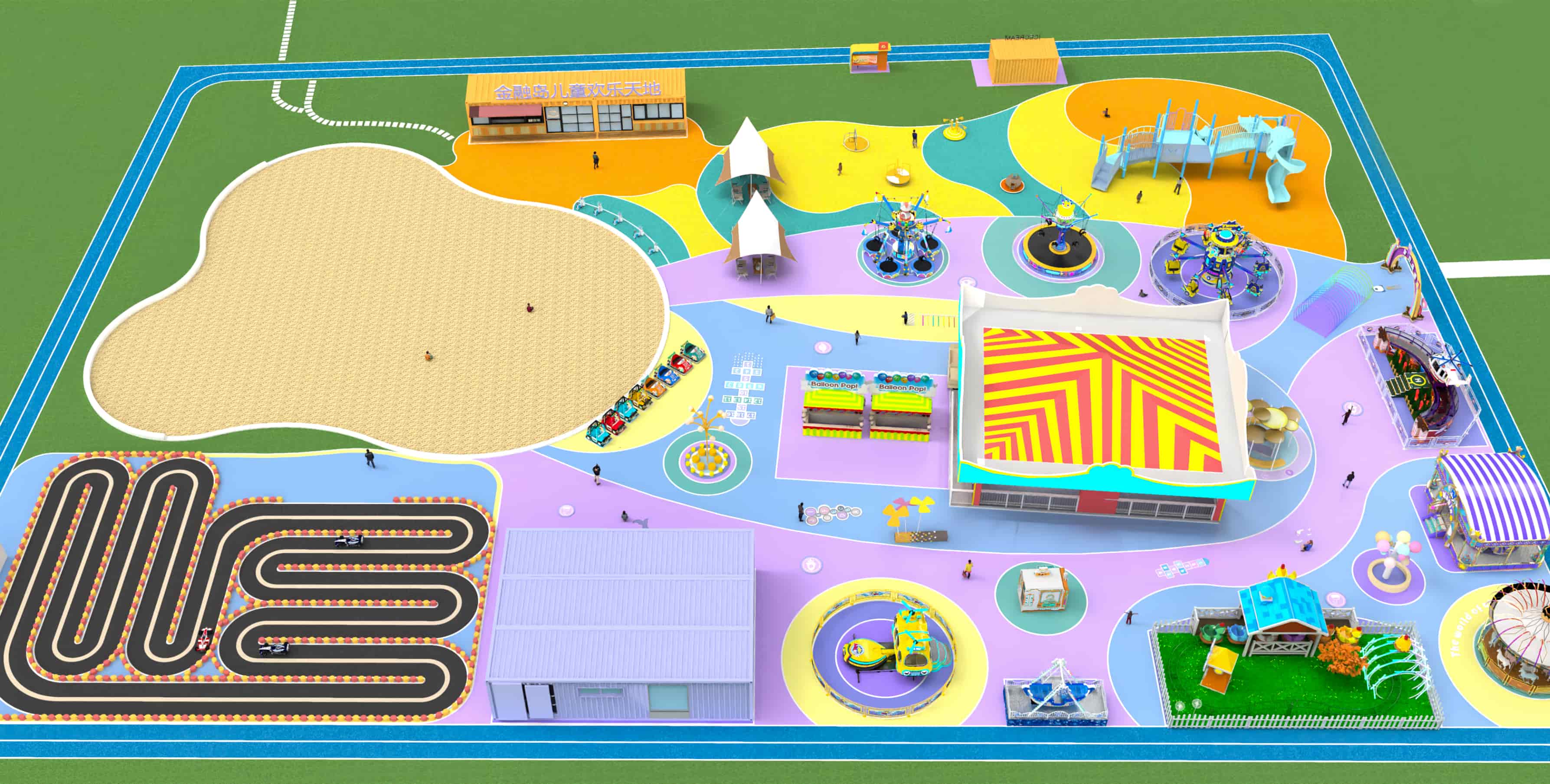 Theme park map layout of commercial plaza amusement park with rides, go-kart track, and children’s play areas | theme park map layout and amusement park layout design - SUNHONG