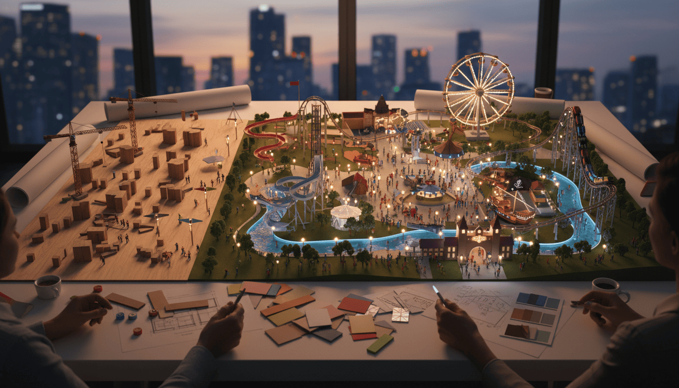 Architects reviewing a detailed miniature model of a theme park with city skyline in the background.