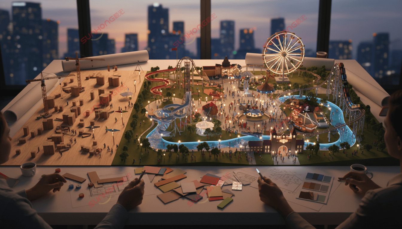 design a amusement park in China Architects reviewing a detailed miniature model of a theme park with city skyline in the background.