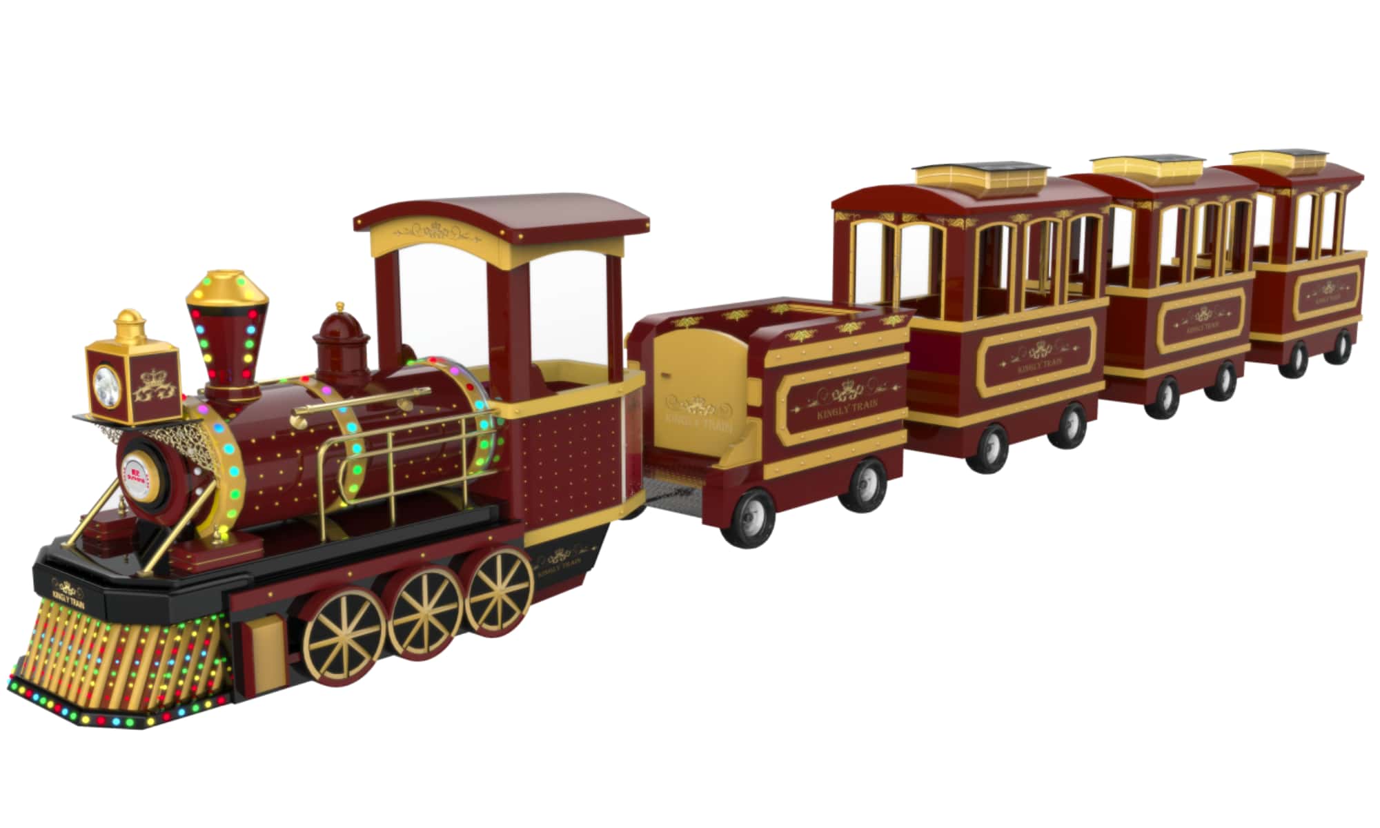 Tren eléctrico sin vías de lujo rojo y dorado a la venta, diseñado con un estilo real clásico para parques de atracciones - SUNHONG