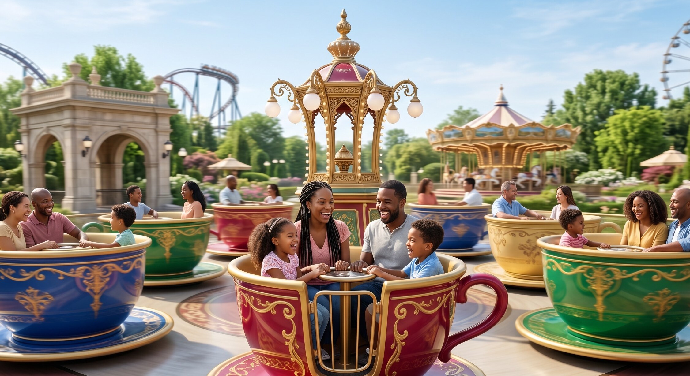 elegant amusement park teacup spinning ride in motion
