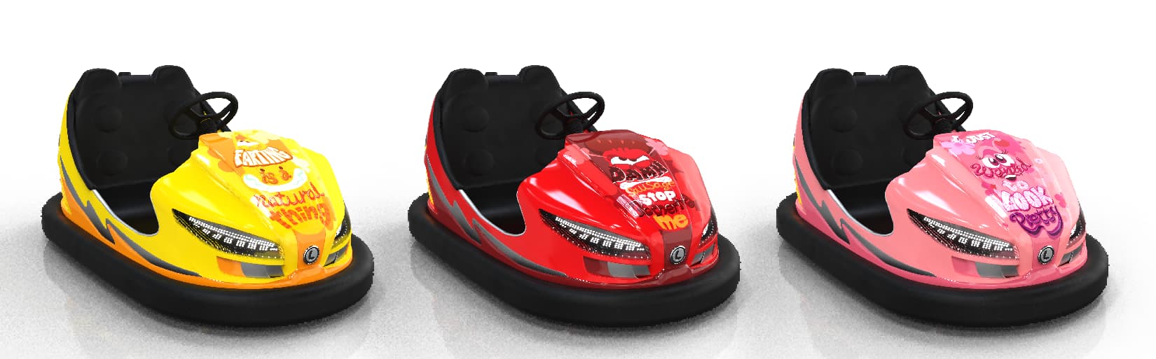 Three colorful bumper cars (yellow, red, pink) with playful designs and text.