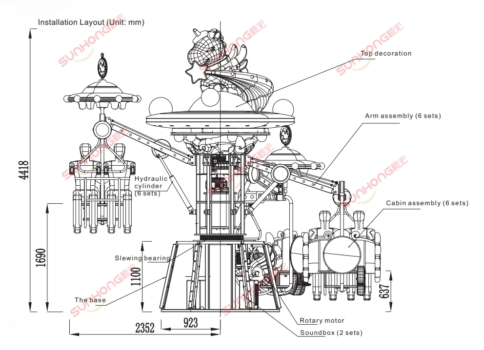 fairy-unicorn-ride-dimension-diagram - SUNHONG Dimension diagram of the Fairy Unicorn Amusement Ride showing detailed measurements. - SUNHONG