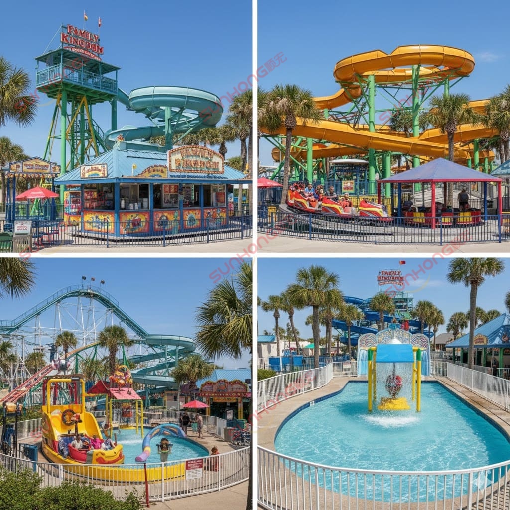 family kingdom amusement park rides_ design Four photos showcasing various attractions at Family Kingdom Amusement Park in Myrtle Beach, South Carolina.