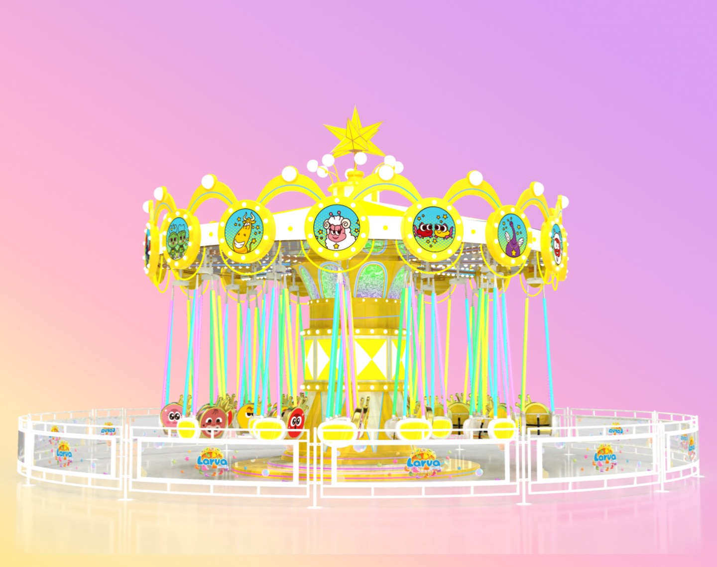 Flying swing ride with custom IP design and fence, ideal for theme park installations.