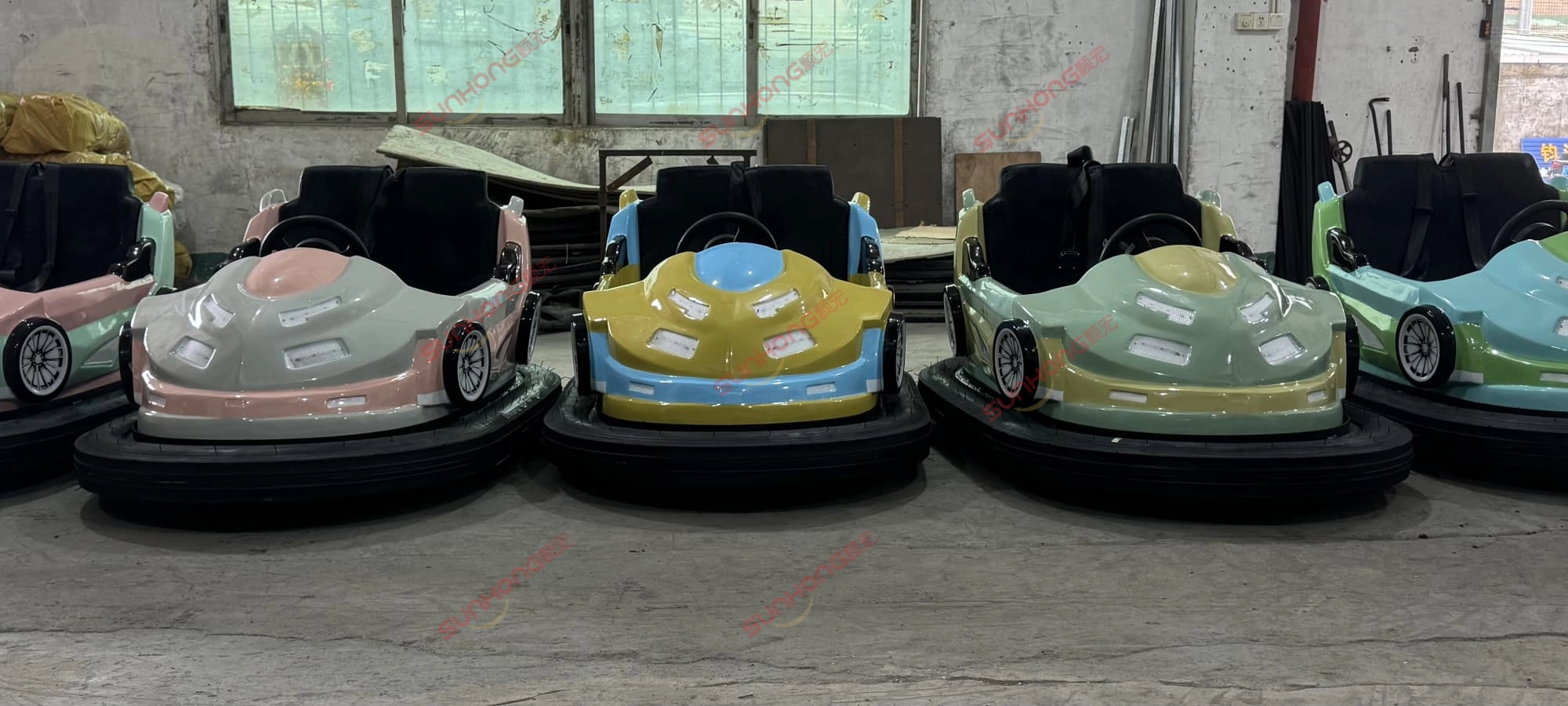 front-view-pastel-bumper-cars-for-sale-adults - SUNHONG Front view of pastel bumper cars for adults in mint, peach, and blue - SUNHONG