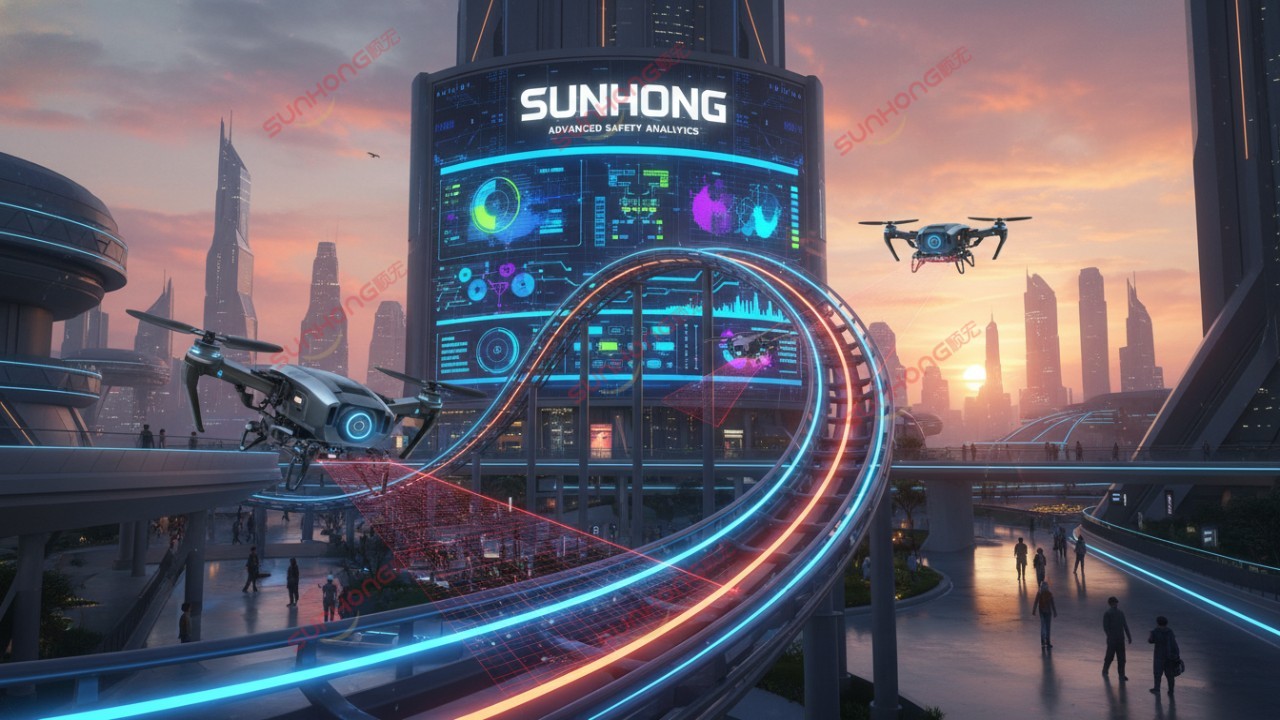 Futuristic theme park inspection with drones and a large digital screen displaying the SUNHONG brand
