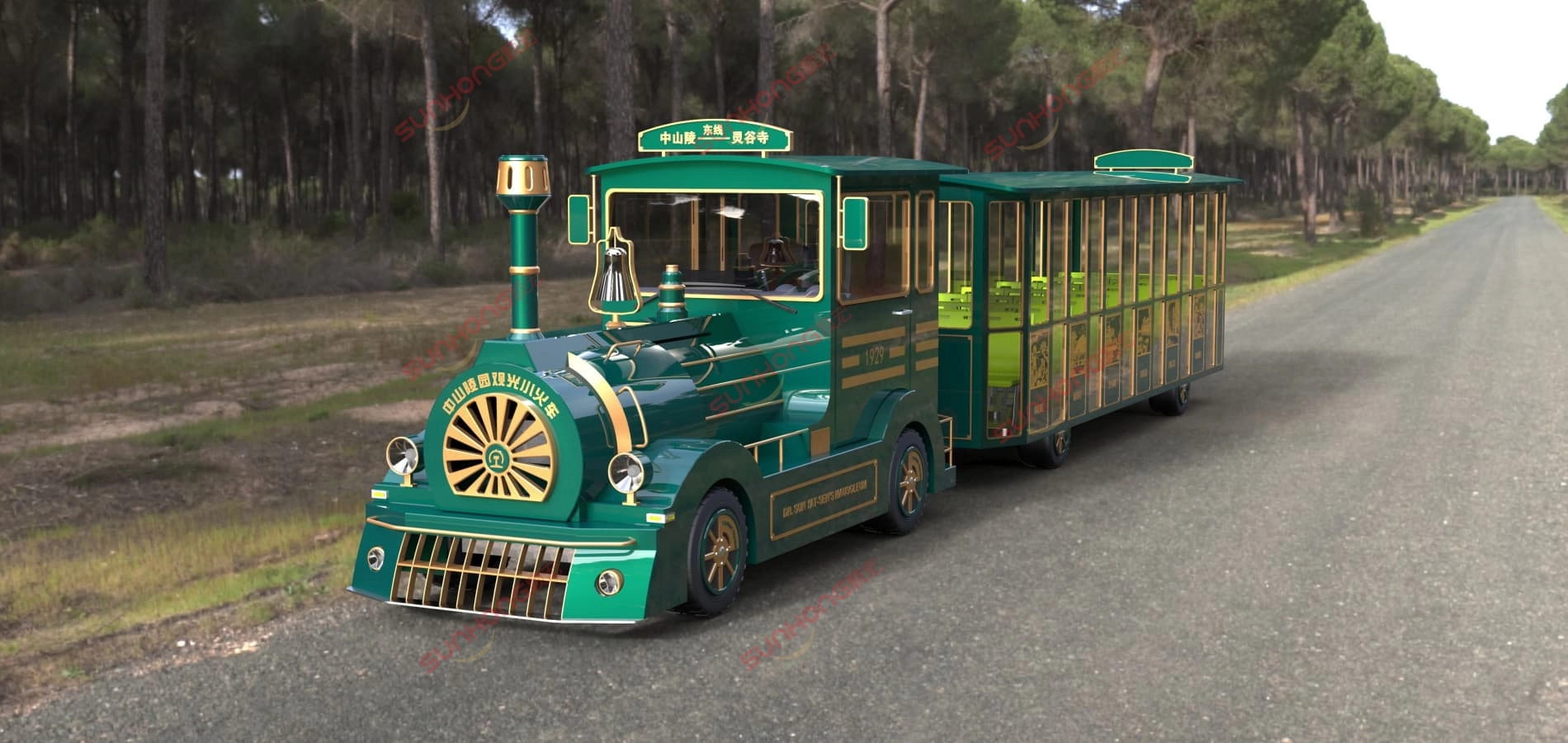trem-sem-trilhos-vintage-verde-parque-temático-memorial - SUNHONG Trem sem trilhos estilo vintage verde e dourado para parques temáticos, personalizado para passeios turísticos e atrações culturais - SUNHONG
