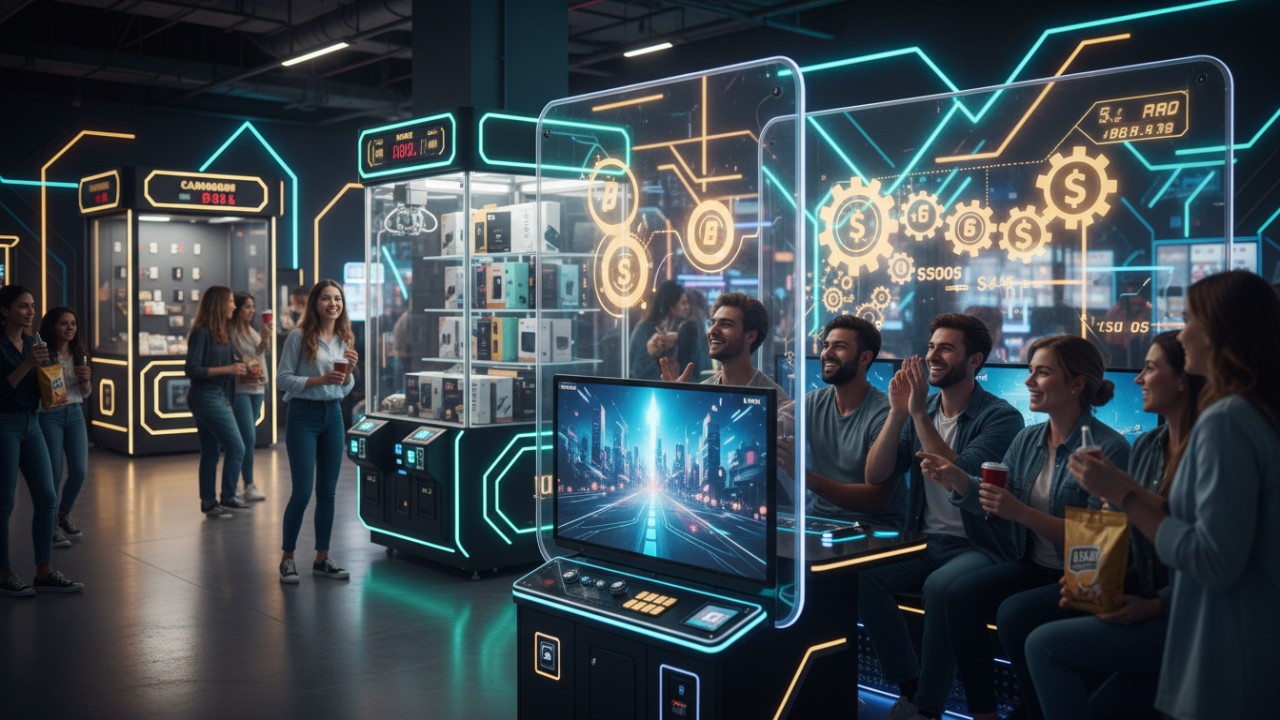 People enjoying a futuristic arcade with claw machines and simulation games displaying financial data.