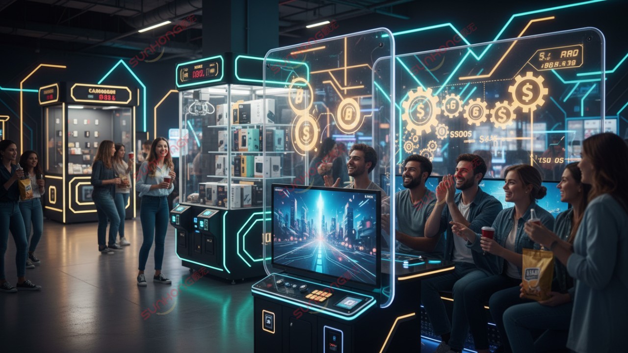 High_ROI_amusement_equipment People enjoying a futuristic arcade with claw machines and simulation games displaying financial data.
