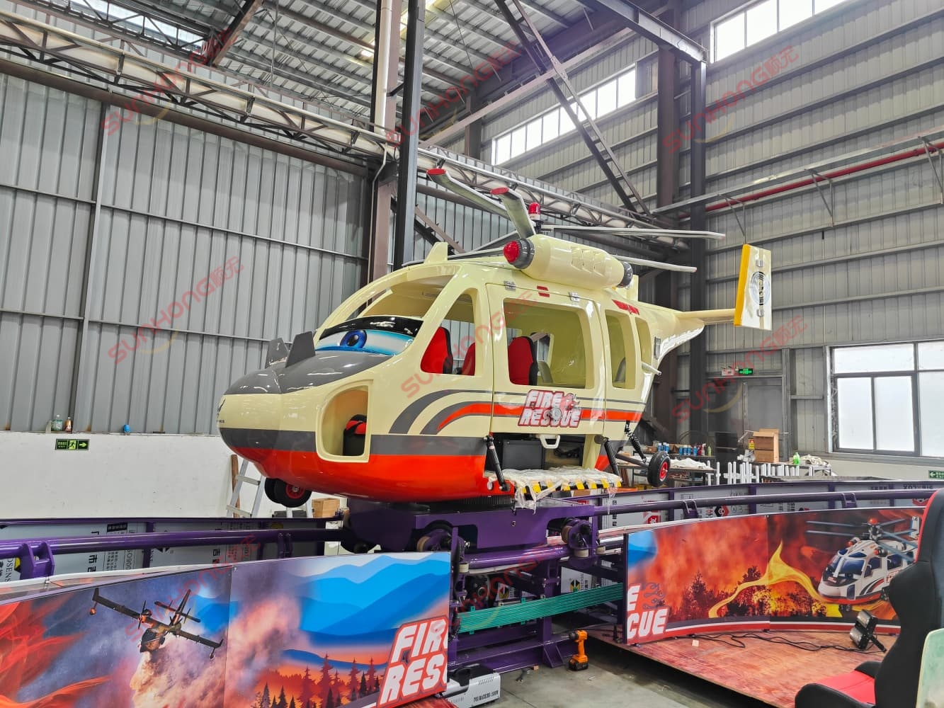 sunhong-fire-rescue-6p-amusement-ride-production-workshop.jpg SUNHONG Fire Rescue-6P amusement ride in production workshop with detailed engineering design and manufacturing quality