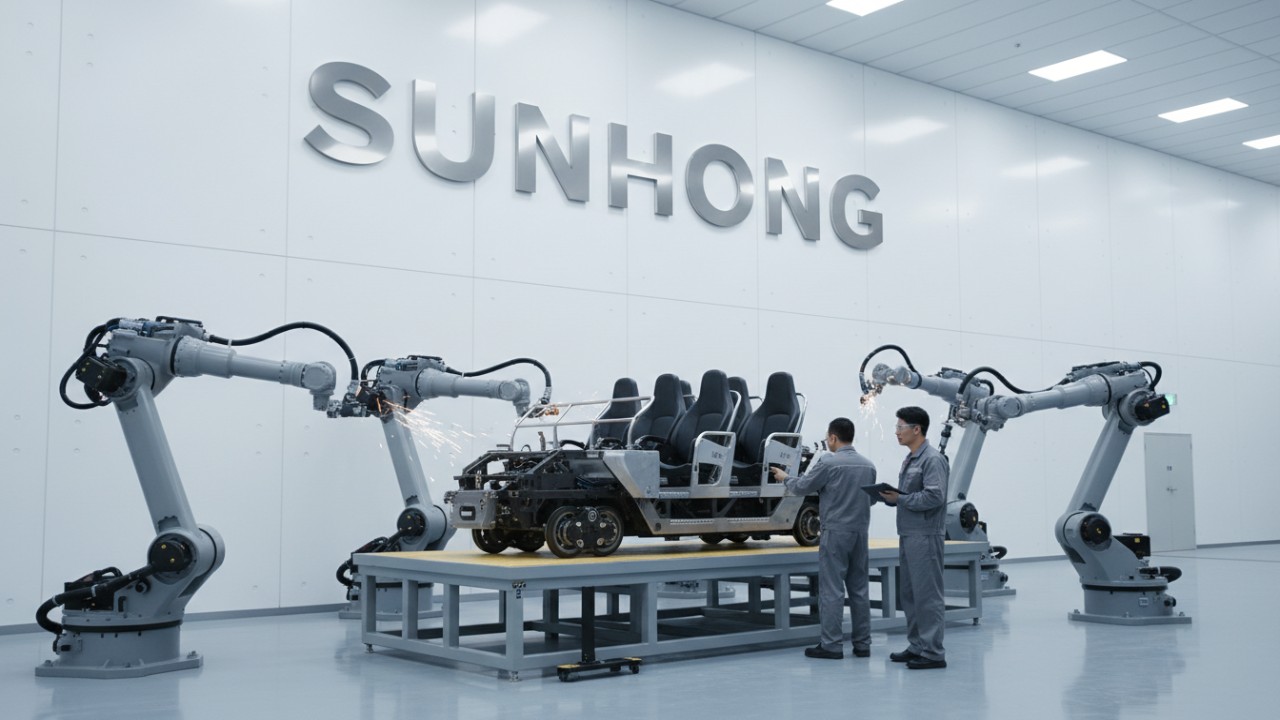 Inside a modern amusement ride factory with a large roller coaster car being assembled and the SUNHONG brand name on the wall.