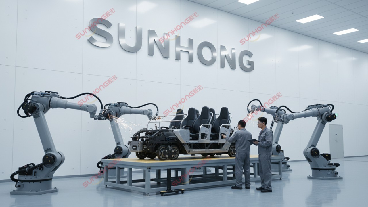 Inside a modern amusement ride factory with a large roller coaster car being assembled and the SUNHONG brand name on the wall.