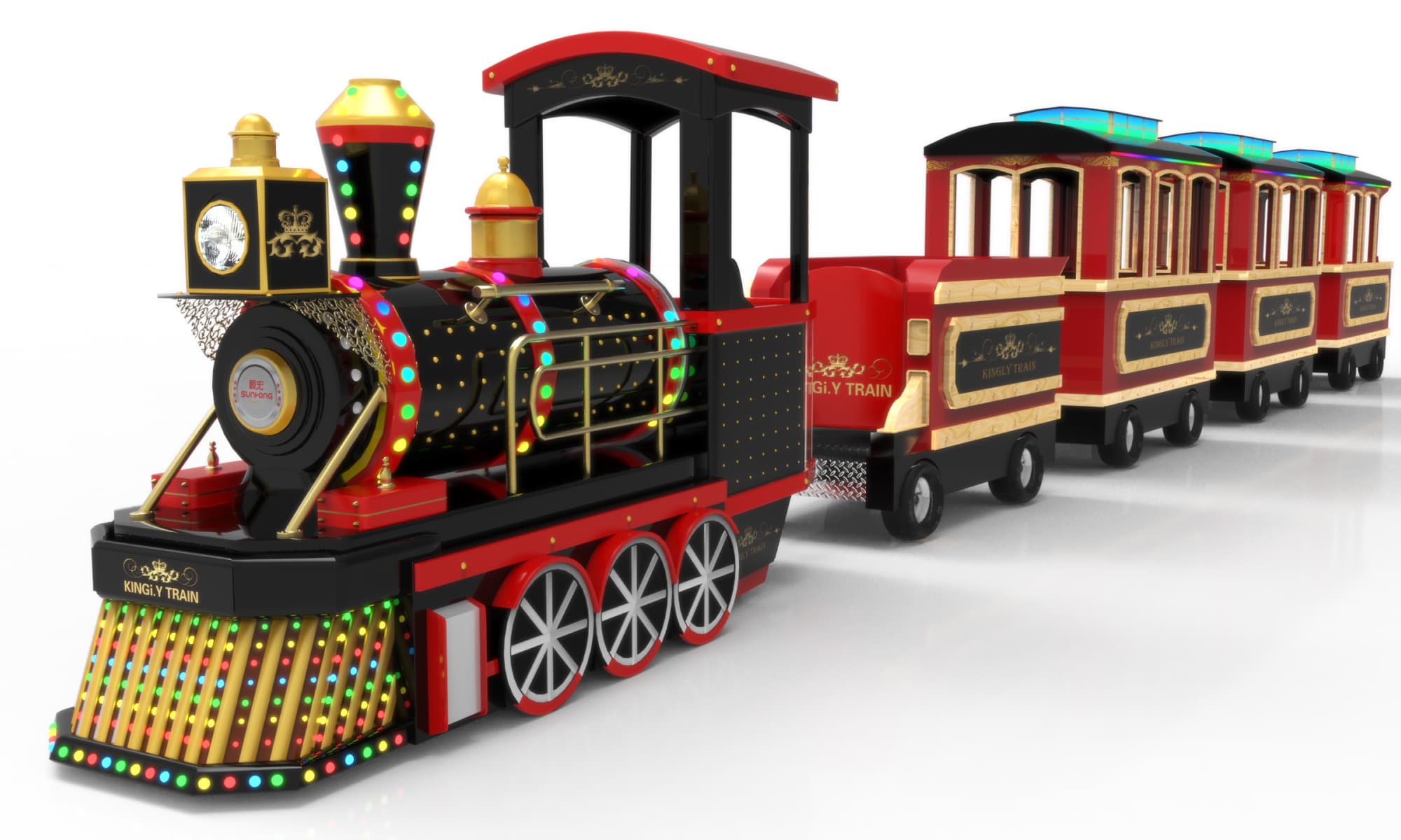 Tren eléctrico Kingly rojo y negro sin vías con luces LED de colores, ideal para niños en centros comerciales o parques. - SUNHONG