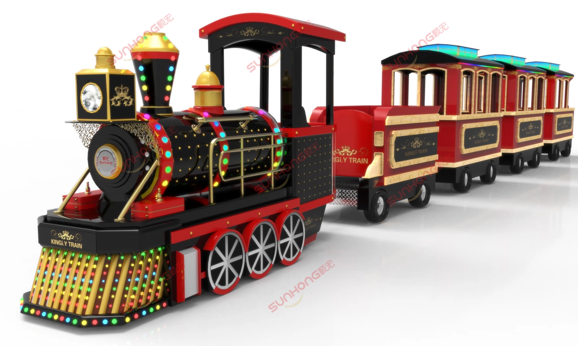 kingly-trackless-train-red-black.jpg - SUNHONG 红黑色的 Kingly 无轨火车配有彩色 LED 灯,是商场或公园里孩子们理想的电动火车。 - SUNHONG